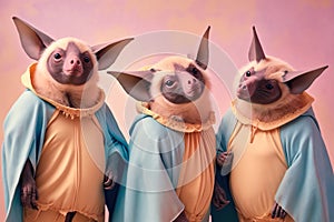 Group studio portrait of fat flying foxes in clothes, concept of Anthropomorphism, created with Generative AI technology