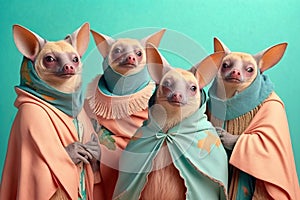 Group studio portrait of fat flying foxes in clothes, concept of Anthropomorphism, created with Generative AI technology