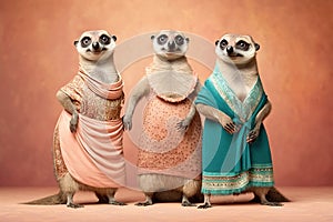 Group studio portrait of fat meerkats in clothes, created with Generative AI technology photo