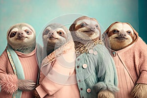 Group studio portrait of fat sloths in clothes , concept of Slothful fashion, created with Generative AI technology