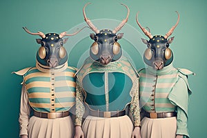 Group studio portrait of fat stag beetles in clothes, created with Generative AI technology