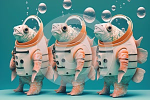 Group studio portrait of fishes dressed as astronauts , created with Generative AI technology