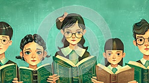 Group of studious children with books illustration