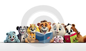 A group of stuffed animals engrossed in a book