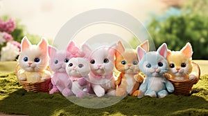 A group of stuffed animals sit in a basket, AI