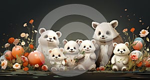 A group of stuffed animals sitting next to each other. Generative AI image.