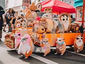 A group of stuffed animals sitting on top of a truck. Generative AI image.