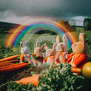 A group of stuffed bunnies sitting next to carrots. AI generative image.