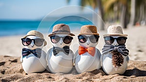 A group of stylish and modern snowmen in sunglasses, straw hats and bow ties on the beach by the sea. New Year and Christmas