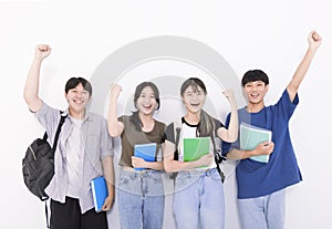 Group of stylish students on white background