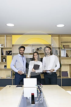 Group of successful business people standing together at office