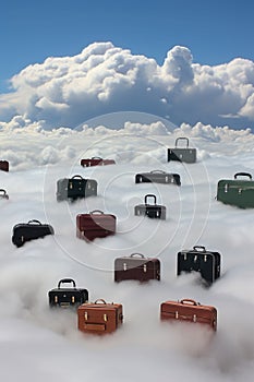 A group of suitcases sitting in the clouds, AI