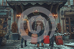 A group with suitcases walking into a city hotel building