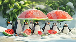 A group of sun penguins huddled under a watermelon umbrella shade with one silly penguin wearing a watermelon slice as a