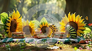 A group of sunflowers gathered around a picnic blanket eagerly devouring sandwiches while a curious caterpillar looks on