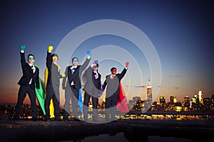 Group of Superhero Businessmen Arms Raised