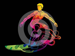 Group of Surfer Action Surfing Sport Man Players Cartoon Graphic Vector
