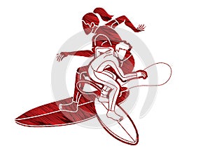 Group of Surfer Action Surfing Sport Man and Woman Players Cartoon Graphic Vector