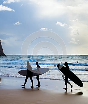 Group surfers surfboards beach Portugal