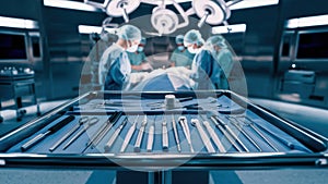 A group of surgeons in a hospital room with surgical tools, AI