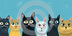 Group of surprised cats on a blue background, concept of Startle