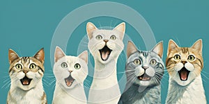 Group of surprised cats on a blue background, concept of Startle