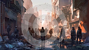 A group of survivors barricading themselves in a deserted city. Fantasy concept , Illustration painting