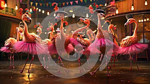A group of sy flamingos showing off their synchronized dance moves clad in glittery tutus and top hats at the fiestas