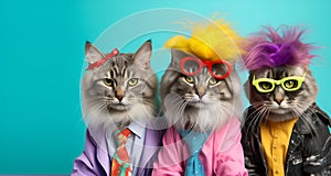 Group of Tabby cat kitten in funky Wacky wild mismatch colourful outfits isolated on bright background