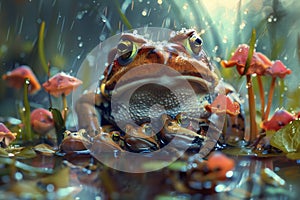 A group of tadpoles gathering around an elder toad on a rainy day, as it shares the secrets of survival in their watery world