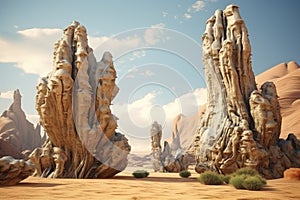 a group of tall rock formations in a desert