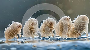 A group of Tardigrades can be seen under a microscope appearing as tiny translucent creatures with their slow and steady