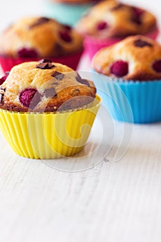 Group of tasty muffins placed on table