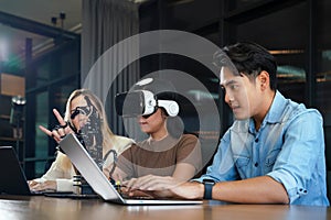 Group team work programer and engineer working AI robot arm system.