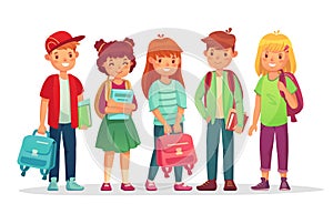 Group teen pupils. School boys and girls teens students with backpack and books. Kids pupil learning together vector