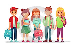 Group teen pupils. School boys and girls teens students with backpack and books. Kids pupil learning together vector illustration