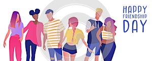 Group of teenage boys and girls or school friends standing together, embracing each other. Flat cartoon vector illustration.