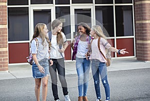 Group of Teenage girls laughing and talking together at school photo