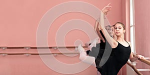 Group of teenage girls practicing classical ballet. Panoramic, wide ratio