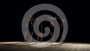 A group of teenage girls studying ballet in a dance studio. Silhouette.