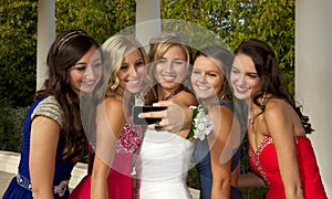 A Group of Teenage Prom Girls Taking a Selfie