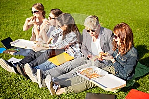 Group of teenage students eating pizza on grass
