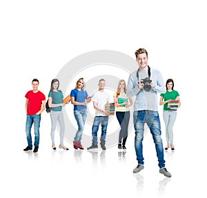 Group of teenage students isolated on white