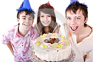 Group of teenagers celebrate happy birthday.