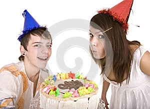 Group teenagers celebrate happy birthday.