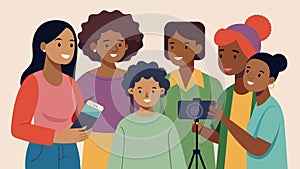 A group of teenagers record an older womans emotional retelling of her familys journey to freedom highlighting the photo