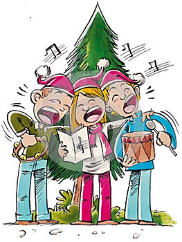 Group of teenagers singing Christmas carols