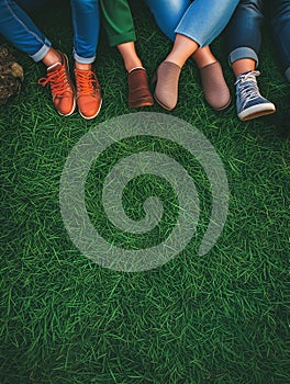 Group of teenagers sitting on the lawn, Close up of body parts. Concept of lifestyle