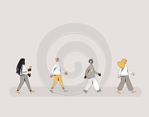 Group of teenagers walking one after another isolated on white background. Young female and male friends wearing in casual clothes