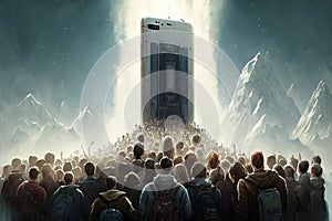 A group of teenagers who are adoring a giant smartphone like a god or divinity illustration generative ai